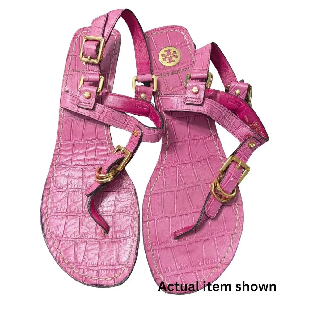💖 Tory Burch Hot Pink Croc Embossed Leather Strappy Sandal 7.5